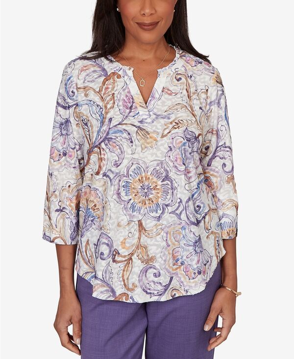 アルフレッド ダナー レディース トップス シャツ フラワー柄 プチ フラワー Alfredunner Petite Grand Bazaar Jacobean Floral Split Neck Top Amethyst Multi マルチカラー｜ReVida 店