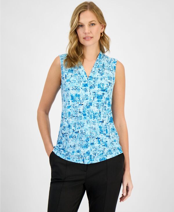 カスパール レディース トップス シャツ プチ プリント ノースリーブ Kasper Women's Printed Sleeveless Top Regular & Petite Aqua Oasis Multi アクア|ReVida 店