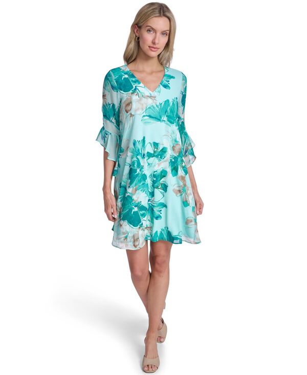 カルバンクライン レディース トップス ワンピース Vネック プチ ベルスリーブ Calvin Klein Petite Bell-Sleeve V-Neck Trapeze Dresseaspray/petrol Multi マルチカラー｜ReVida 店
