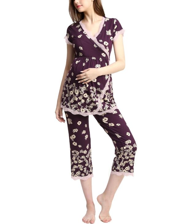 キミアンドカイ レディース アンダーウェア ナイトウェア マタニティ Maternity kimi + kai Ashley Nursing Pajama Set Eggplant｜ReVida 店