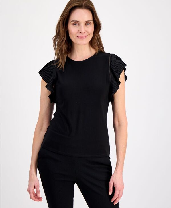 アンクライン レディース トップス シャツ クルーネック Anne Klein Women's Crewneck Cascade-Flutter-Sleeve Top Anne Black ブラック｜ReVida 店