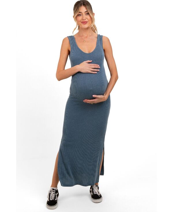 ピンクブラッシュ レディース トップス ワンピース サイドスリット リブ マタニティ マキシ Pinkblush Maternity Ribbed Side Slit Maxi Dress Blue ブルー|ReVida 店
