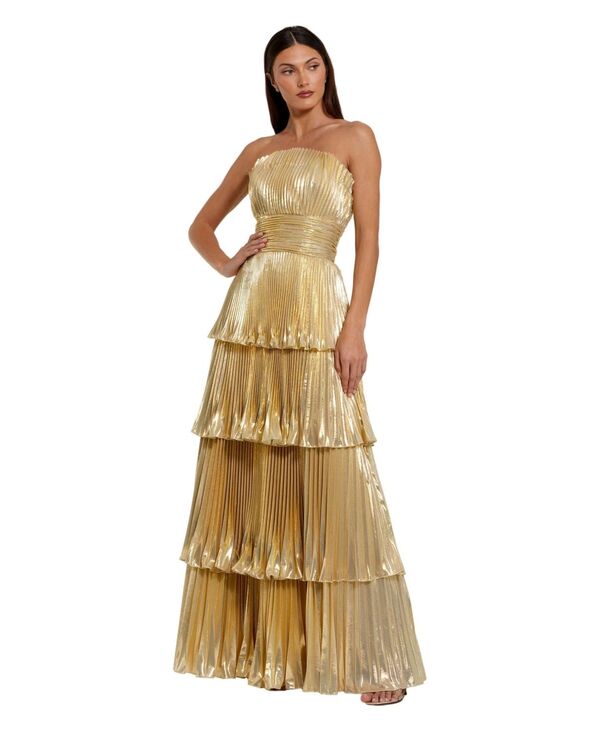 マックダガル レディース トップス ワンピース ティアード プチ プリーツ トール ストラップレス Mac Duggal Petite Strapless Metallic Pleated Tie red Gown Gold ゴールド|ReVida 店