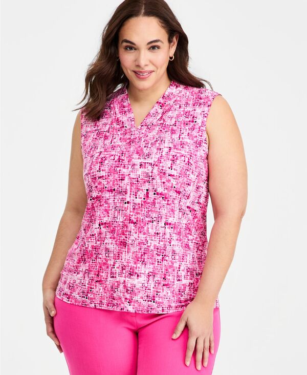 カスパール レディース トップス シャツ Vネック プラスサイズ プリーツ ノースリーブ Kasper Plusize Pleated V-Neck Sleeveless Topink Perfection Multi ピンク|ReVida 店