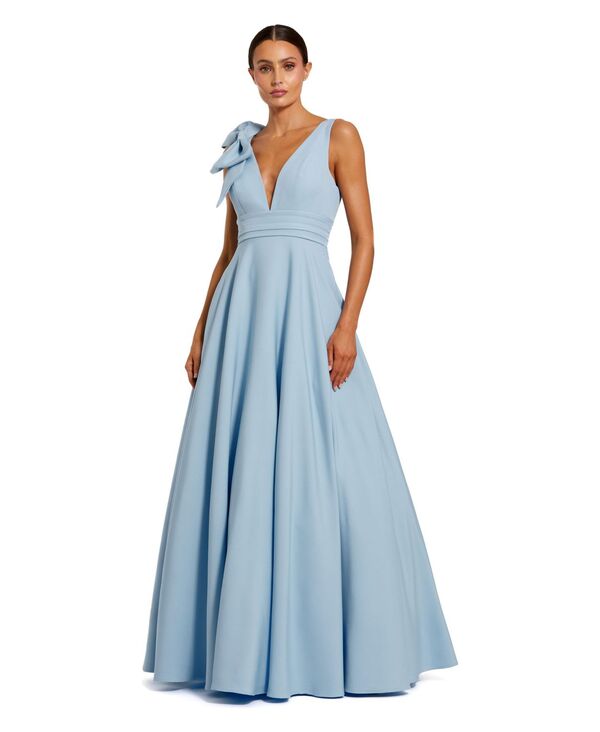 マックダガル レディース トップス ワンピース クレープチ ノースリーブ Mac Duggal Women's Petite Crepe Sleeveless Plunge Neck Ballgown With Bow Powder blue ブルー｜ReVida 店