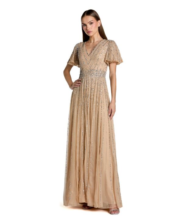 マックダガル レディース トップス ワンピース Vネック Mac Duggal Women's Hand Embellished V-Neck Flutter Sleeve Gownude silver シルバー｜ReVida 店