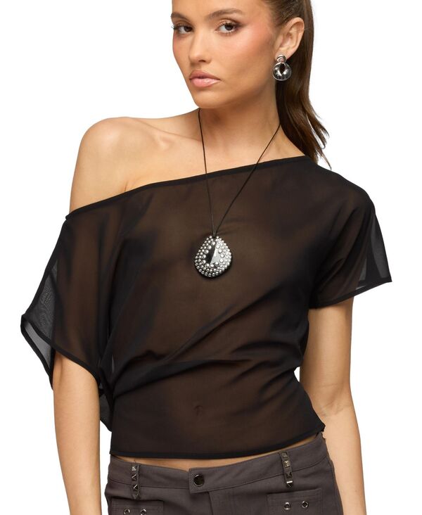 アディクテッド レディース トップス シャツ シフォン シアー Edikted Women's Noria Sheer Chiffon Off Shoulder Top Black ブラック|ReVida 店