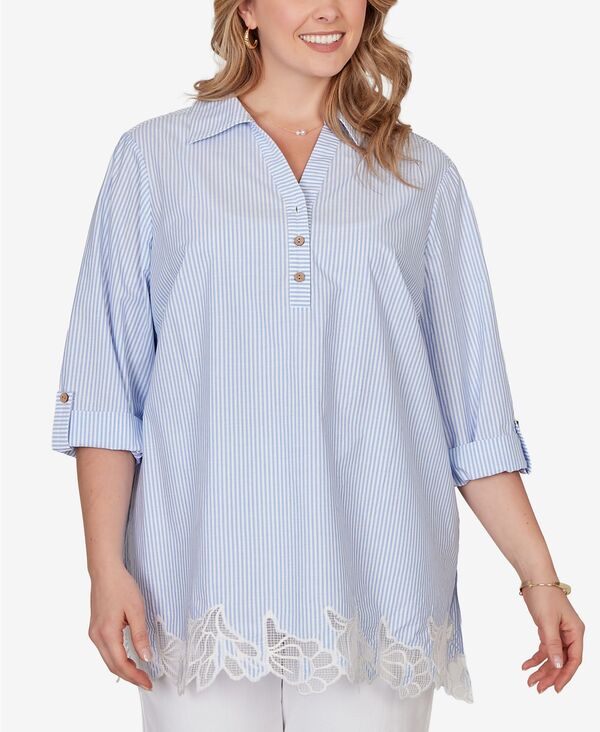 ルビーアールディー レディース トップス シャツ プラスサイズ レース Ruby Rd. Plusize Coastal Stripe Lace-Hem Henley Toporcelain Blue Multi ブルー｜ReVida 店