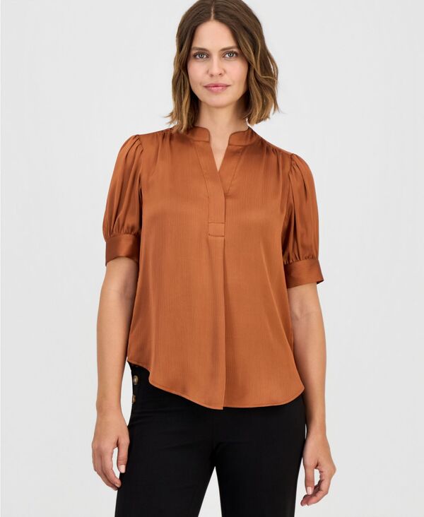 アンクライン レディース トップス シャツ Anne Klein Women'split-Neck Puffed-Sleeve Top Cedar Spice｜ReVida 店