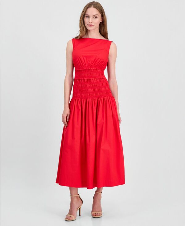 アンクライン レディース トップス ワンピース ミディ シャーリング Anne Klein Women's Jewel-Neck Smocked Midi Dress Begonia Red レッド｜ReVida 店