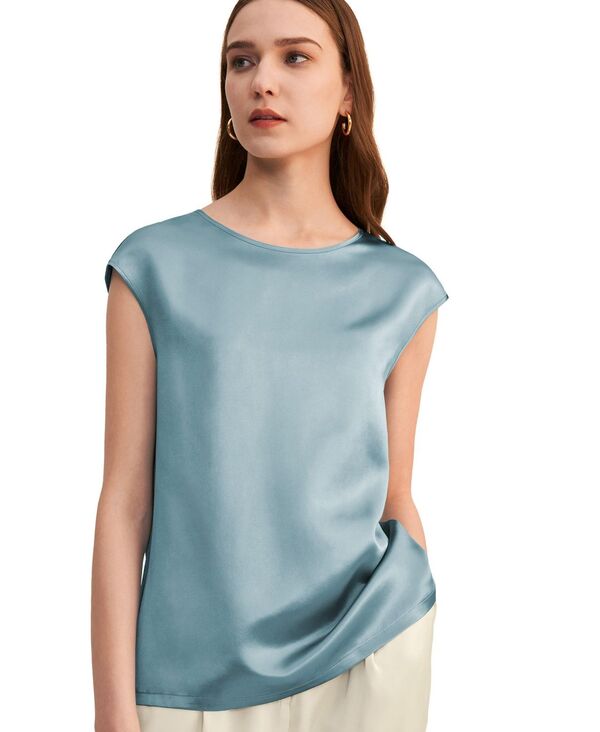 リリーシルク レディース トップス シャツ キャップ LILYSILK Women's Basicap Sleevesilk Tee Blue-haze ブルー|ReVida 店
