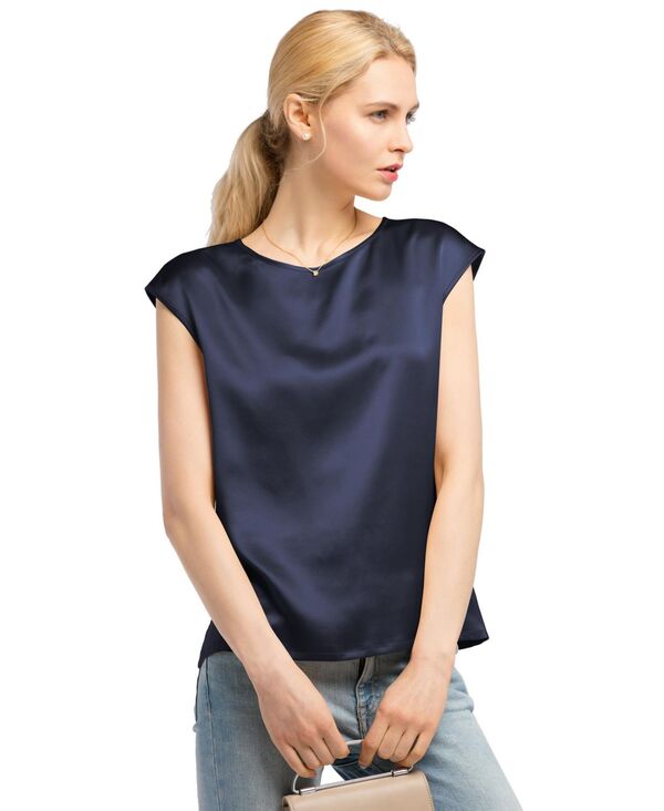 リリーシルク レディース トップス シャツ キャップ LILYSILK Women's Basicap Sleevesilk Tee Navy blue ネイビー|ReVida 店