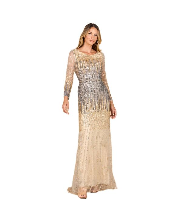 ララ レディース トップス ワンピース Lara Women's Mermaid Beaded Long Sleeve Gown Gold gunmetal ゴールド｜ReVida 店