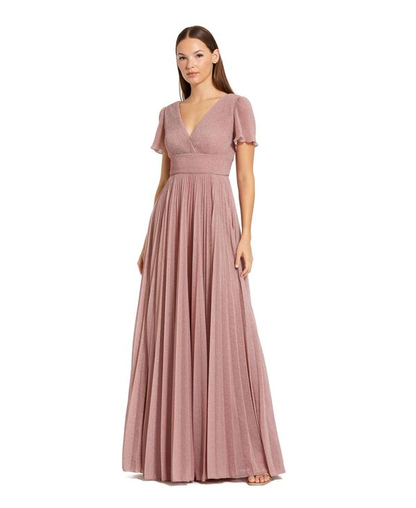 マックダガル レディース トップス ワンピース Vネック A ライン プリーツ トール Mac Duggal Women's Pleated Metallic Flutter Sleeve V-Neck A-Line Gown Dusty rose メタリック|ReVida 店