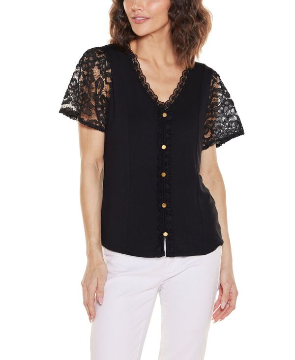 ベルディーニ レディース トップス シャツ Vネック レース Belldini Women's Crochet Lace Sleeve V-Neck Top Black / Gold ブラック｜ReVida 店