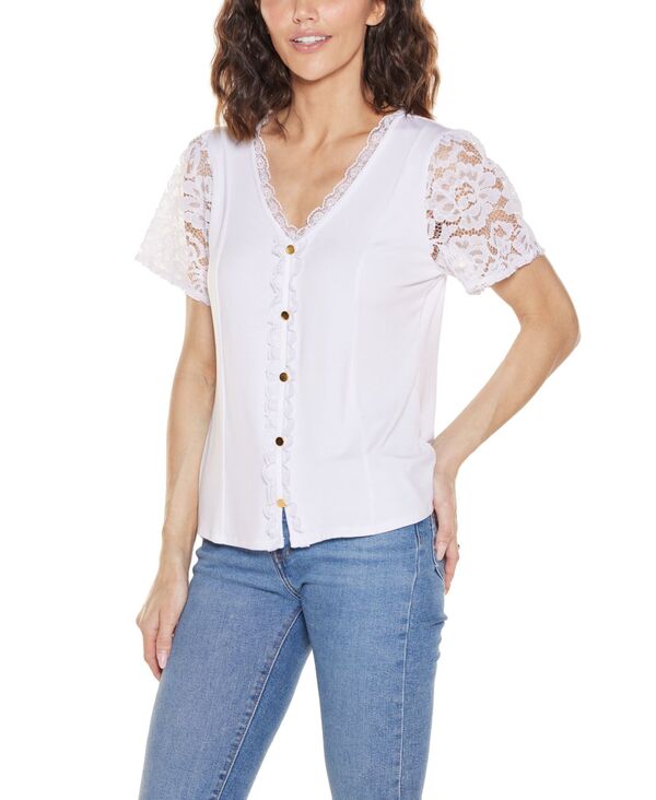ベルディーニ レディース トップス シャツ Vネック レース Belldini Women's Crochet Lace Sleeve V-Neck Top White/ Gold ホワイト|ReVida 店