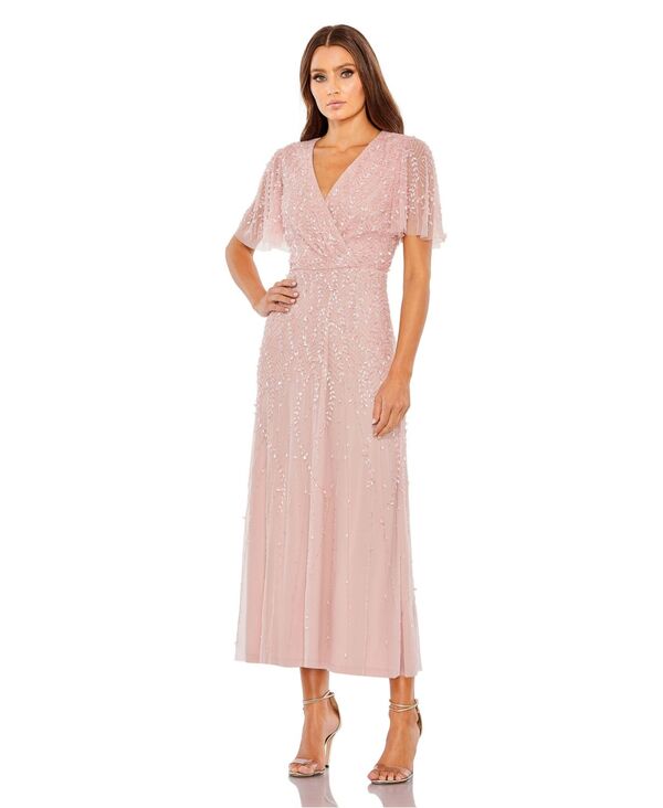マックダガル レディース トップス ワンピース Mac Duggal Women's Beaded Wrap Over Butterfly Sleeve Dress Rose｜ReVida 店