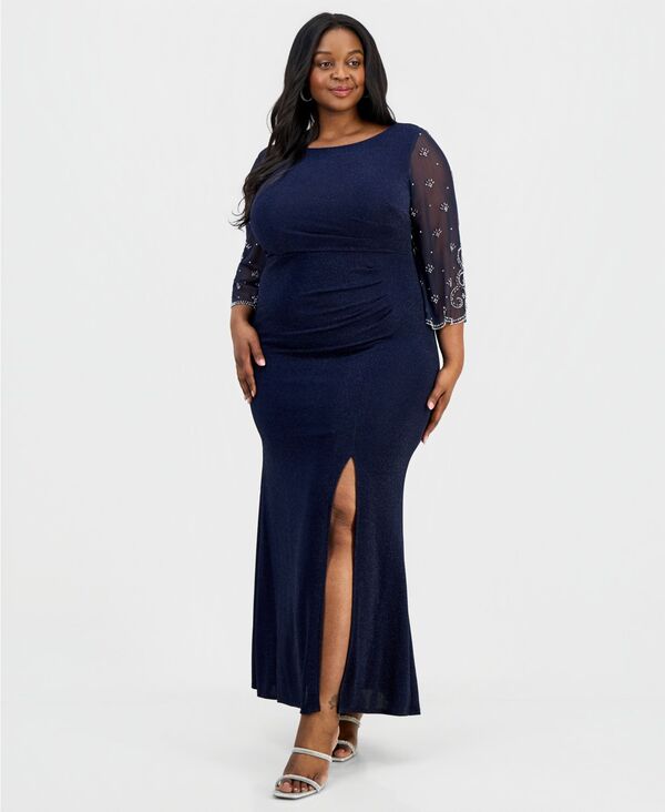 アレックスイブニングス レディース トップス ワンピース トール ニット Alex Evenings Women's Boat Neck Long Metallic Knit Ball Gown Dark Navy ネイビー｜ReVida 店