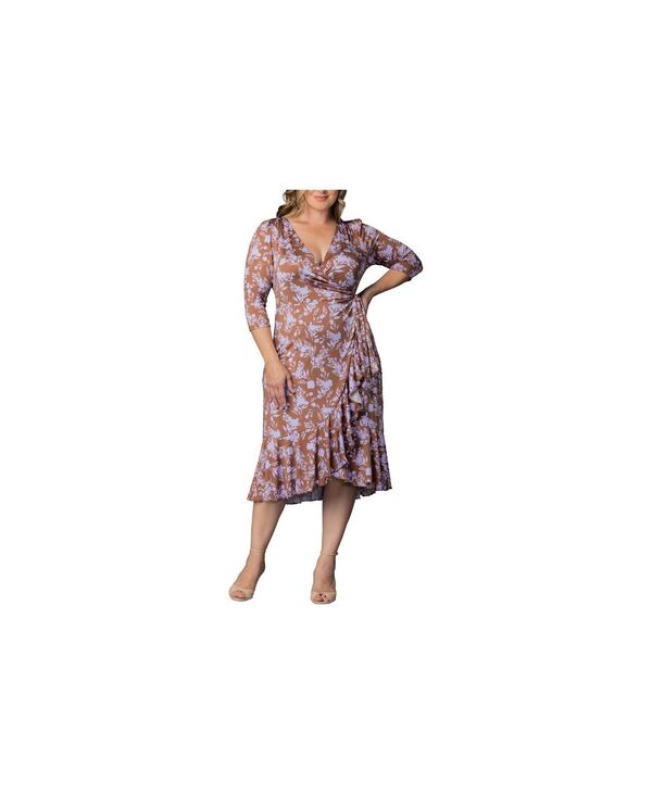 キヨナ レディース トップス ワンピース プラスサイズ ミディ Kiyonna Plusize Flirty Flounce 3/4-Sleeve Midi Wrap Dress Lavender florals ラベンダー|ReVida 店