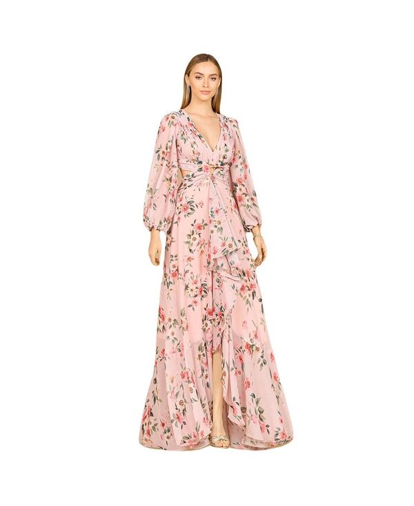 ララ レディース トップス ワンピース Vネック プリント スカート Lara Women's Long Sleeve V-Neck Laye red Skirt Print Dress BLush ブラッシュ｜ReVida 店