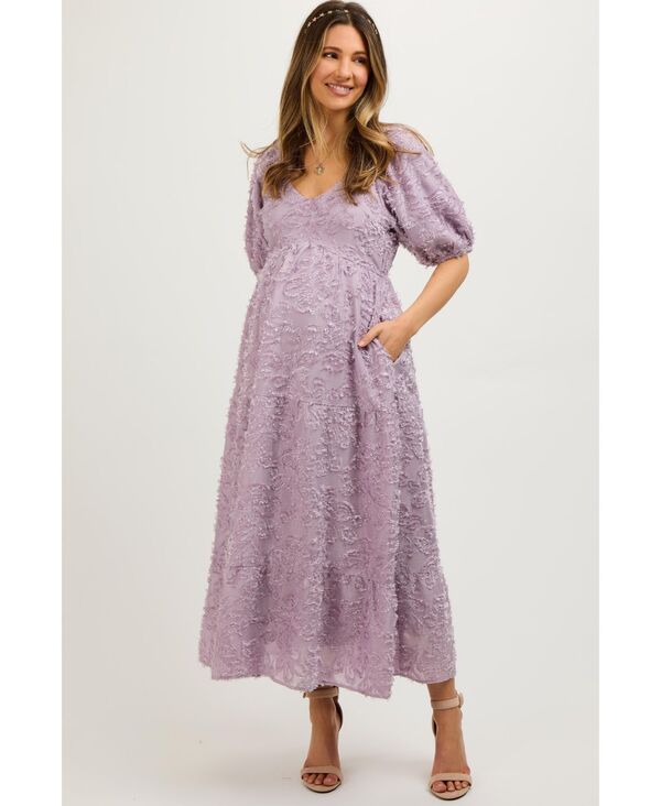 ピンクブラッシュ レディース トップス ワンピース ミディ マタニティ フリンジ Pinkblush Maternity Lavender Fringe Textu red Short Puff Sleeve Midi Dress Lavender ラベンダー|ReVida 店