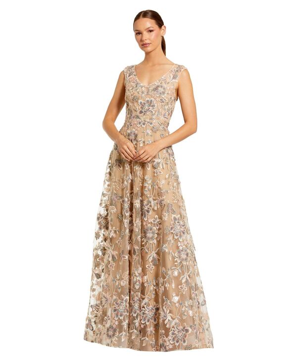 マックダガル レディース トップス ワンピース Vネック フラワー柄 ノースリーブ 刺繍 フラワー Mac Duggal Women's Floral Embroide red Sleeveless V Neck Gown Taupe トープ｜ReVida 店 96,140円