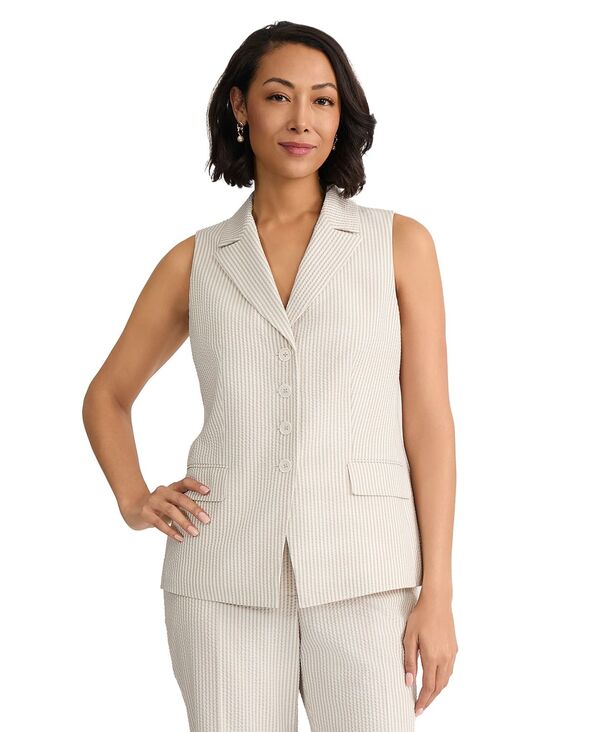 ジョーンズニューヨーク レディース トップス ベスト ノースリーブ Jones New York Women'sleevelesseersucker Four-Button Vest Natural Stone ストーン｜ReVida 店