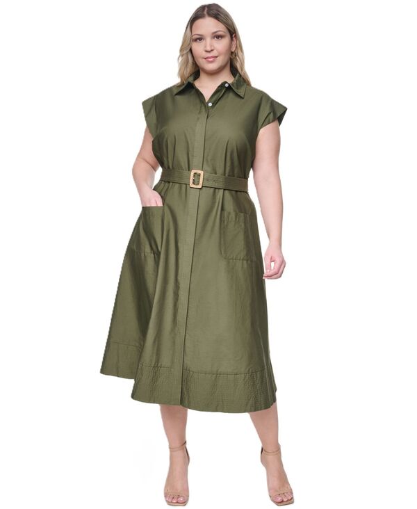 エリザジェイ レディース トップス シャツ プラスサイズ ミディ 半袖 Eliza J Plusize Trapunto Stitch Short-Sleeve Belted Midi Shirt-Dress Olive オリーブ｜ReVida 店