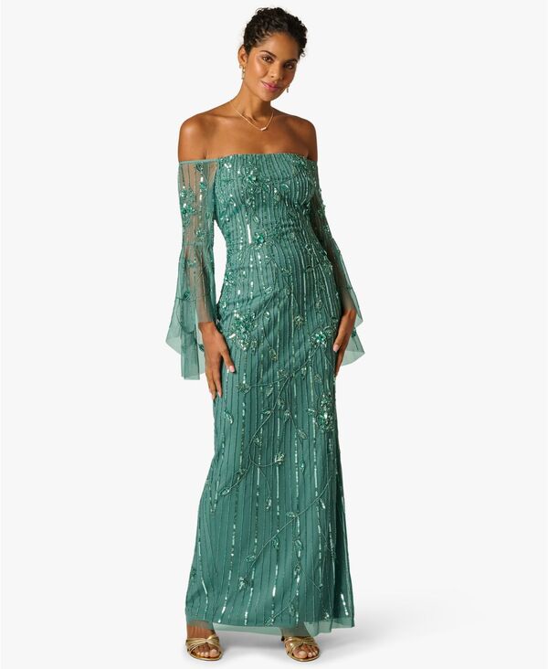 アドリアナ パペル レディース トップス ワンピース オフショルダー Adrianna Papell Women &rsquo; s Beaded Off-Shoulder Long Dress GREEN SLATE スレート｜ReVida 店