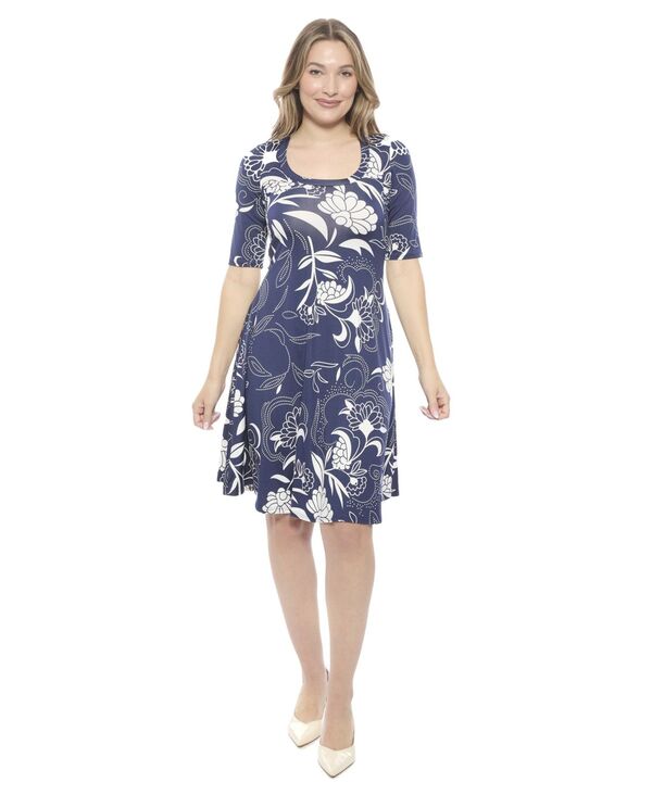 24 セブンコンフォート レディース トップス ワンピース A ライン ひざ丈 フラワー柄 フラワー 24seven Comfort Apparel Women's Floral Scoop Neck Elbow Sleeve Knee Length A-Line FlaDress Print｜ReVida 店