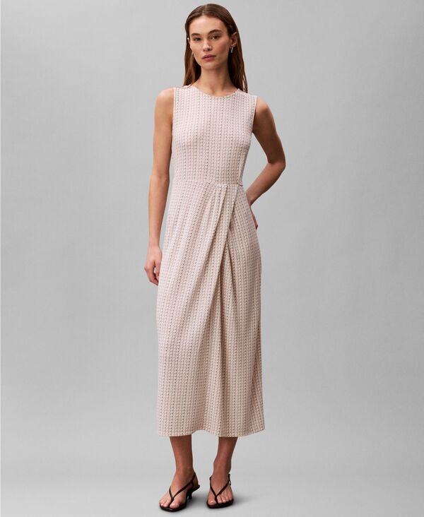 カルバンクライン レディース トップス ワンピース プリント ミディ ノースリーブ ジャージー Calvin Klein Women's Printed Jersey Round Neck Sleeveless Midi Dress Mother Of Pearl Tiled Scale Print パール|ReVida 店