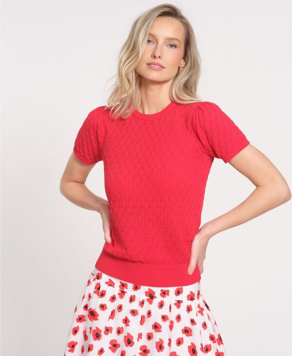 イザックミズラヒ レディース アウター ニット・セーター クルーネック 半袖 Isaac Mizrahi Women'short-Sleeve Crewneck Sweater Poppy Red レッド｜ReVida 店
