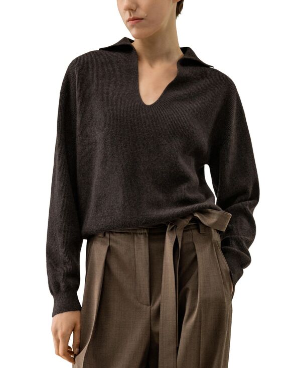リリーシルク レディース アウター ニット・セーター ポロシャツ リブ LILYSILK Women's Ribbed Cashmere Polo Sweater Deep oak｜ReVida 店