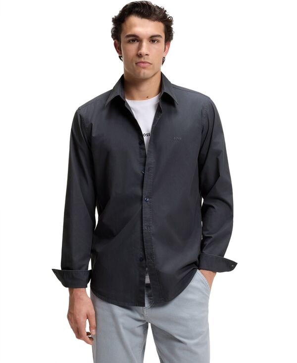 ヒューゴボス メンズ トップス シャツ コットン Hugo Boss Men\'s Cotton Poplin Regular-Fit Dresshirt Dark Blue ブルー|ReVida 店