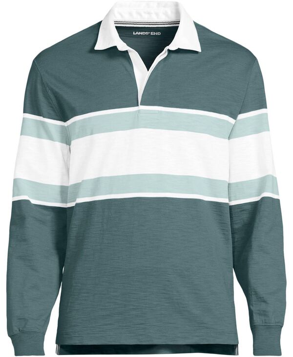 ランズエンド メンズ トップス ポロシャツ Lands' End Men's Long Sleeve Lightweight Slub Rugby Polo Tourmaline stripe ストライプ｜ReVida 店