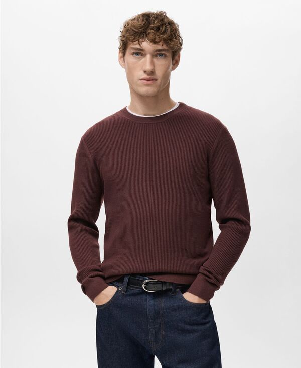 マンゴ メンズ アウター ニット・セーター コットン MANGO Men's Fine Rib-Knit Cotton Sweater Burgundy バーガンディ｜ReVida 店