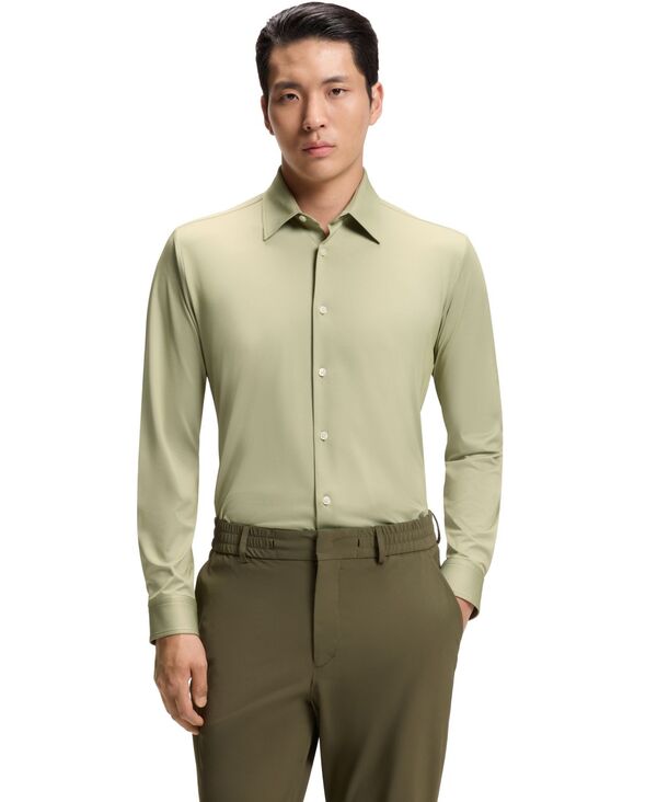ヒューゴボス メンズ トップス シャツ Hugo Boss by Men\'structu red Performance-Stretch Slim-Fit Dresshirt Dark Beige ベージュ|ReVida 店