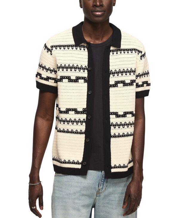 ラッキーブランド メンズ アウター ニット・セーター 半袖 Lucky Brand Men'southwest Crotchet Short-Sleeve Sweater Cream/Dark Black クリーム｜ReVida 店