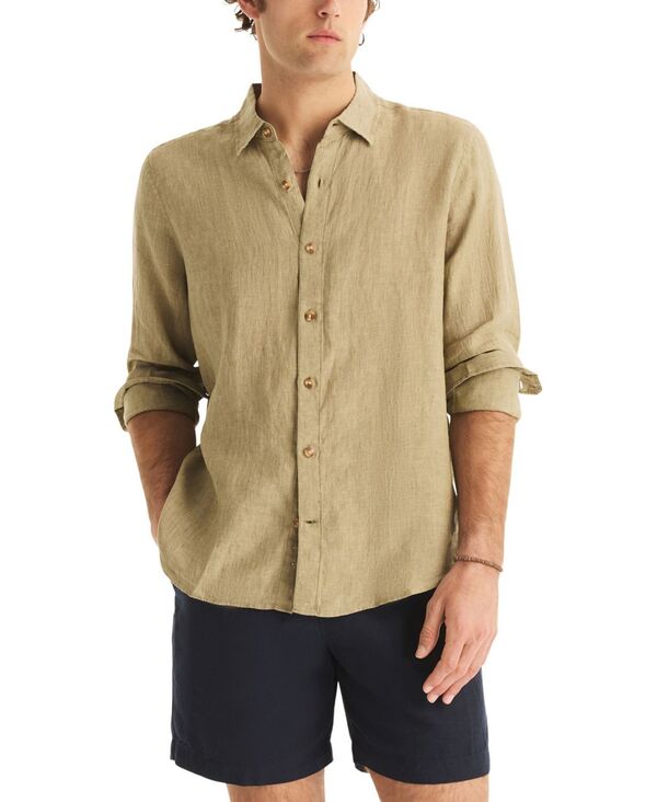 ナウティカ メンズ トップス シャツ リネン 長袖 Nautica Men's Long-Sleeve Linen Shirt Convoy Green グリーン｜ReVida 店