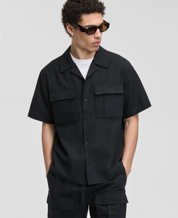 モードオブワン メンズ トップス シャツ コットン リネン Mode of One Men's Linen & Cotton Relaxed Utility Shirt Deep Black ブラック｜ReVida 店