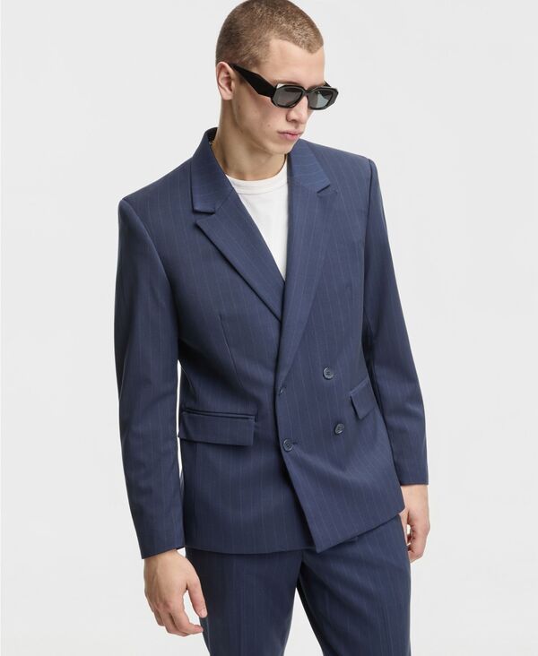モードオブワン メンズ アウター ジャケット・ブルゾン ブレザー Mode of One Men'slim-Fit Double-Breasted Pinstripe Blazer Blue ブルー｜ReVida 店