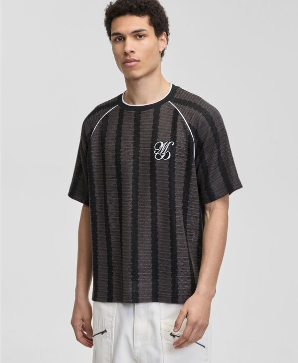 モードオブワン メンズ トップス Tシャツ Mode of One Men's Crochet-Stripe Relaxed T-Shirt Deep Black ブラック｜ReVida 店