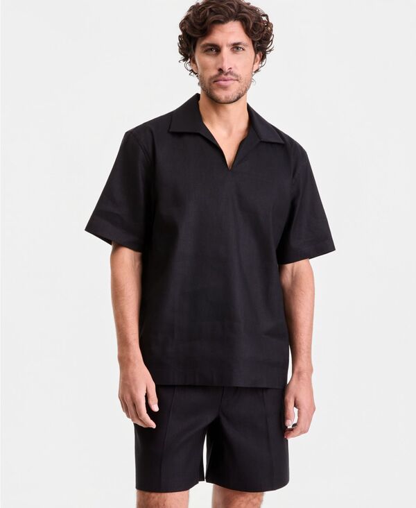 アルファニ メンズ トップス シャツ 半袖 リネン Alfani Men'short-Sleeve Linen-Blend Johnny Collar Short-Sleeve Shirt Deep Black ブラック|ReVida 店