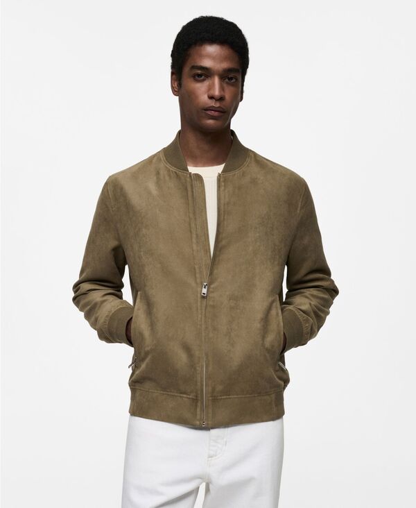 マンゴ メンズ アウター ジャケット・ブルゾン スエード MANGO Men'slim-Fit Faux-Suede Bomber Jacket Khaki カーキ|ReVida 店