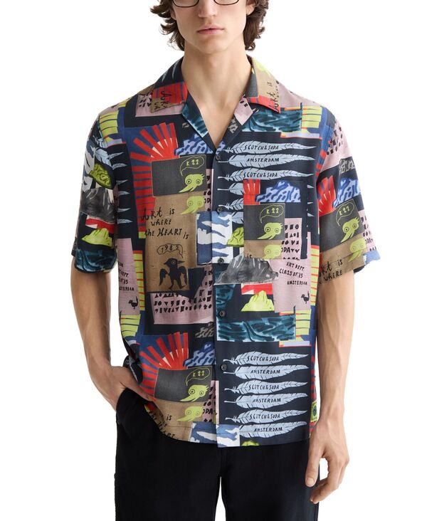 スコッチアンドソーダ メンズ トップス シャツ SCOTCH & SODA Men's Relaxed-Fit Allover Patterned Shirt Art Collage Anthracite｜ReVida 店