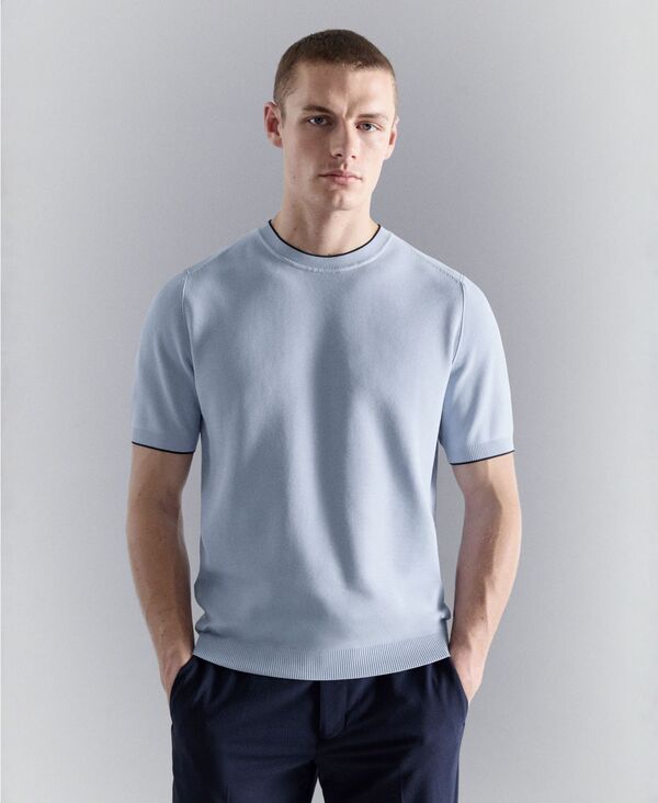 マンゴ メンズ トップス Tシャツ ニット MANGO Men's Combined Knitted T-Shirt Sky Blue ブルー｜ReVida 店