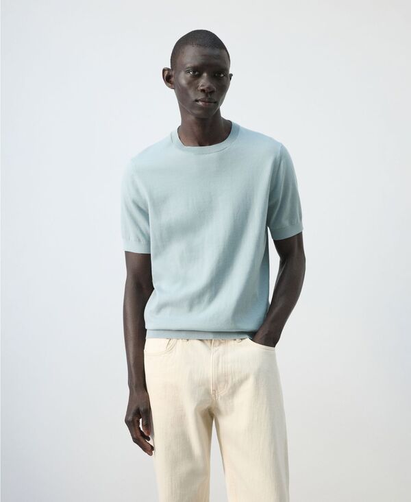 マンゴ メンズ トップス Tシャツ コットン ニット MANGO Men\'s Cotton Fine-Knit-Shirt Aqua Green アクア｜ReVida 店