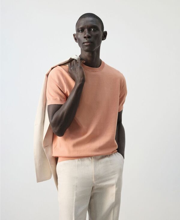 マンゴ メンズ トップス Tシャツ コットン ニット MANGO Men\'s Cotton Fine-Knit-Shirt Salmon サーモン｜ReVida 店