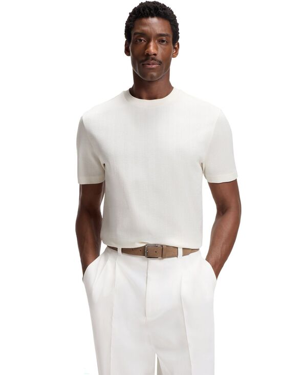 ヒューゴボス メンズ トップス Tシャツ コットン Hugo Boss Men's Cotton Regular-Fit Jacquard Structure T-Shirt Open White ホワイト|ReVida 店
