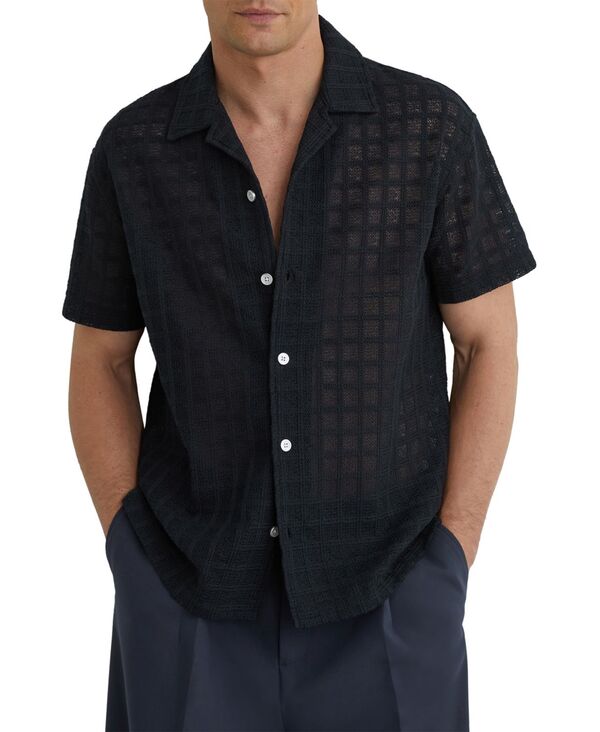 レイス メンズ トップス シャツ REISS Men's Belardo Crochetile Cuban Shirt Navy ネイビー｜ReVida 店